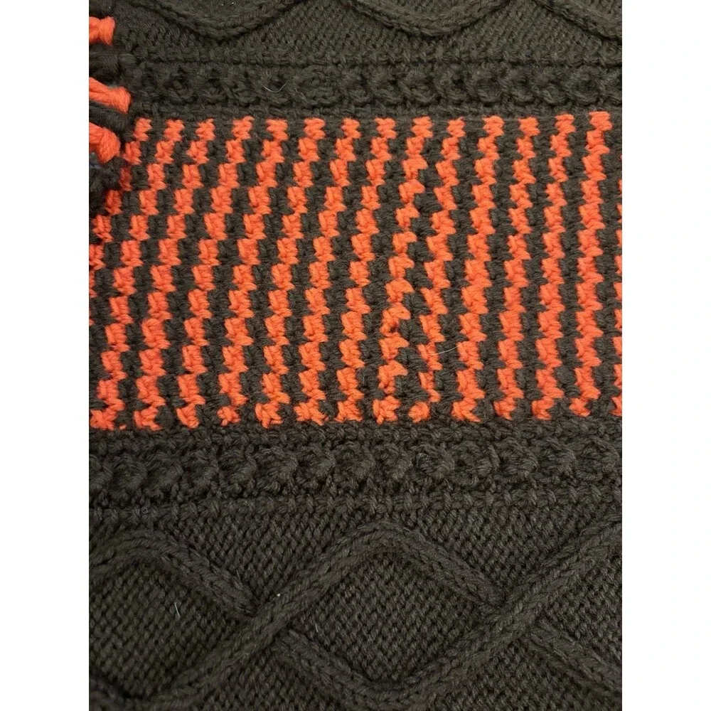 VintageHandmade Throw Blanket 50x76 Orange Brown Cable Knit Afghan Fringe Rustic